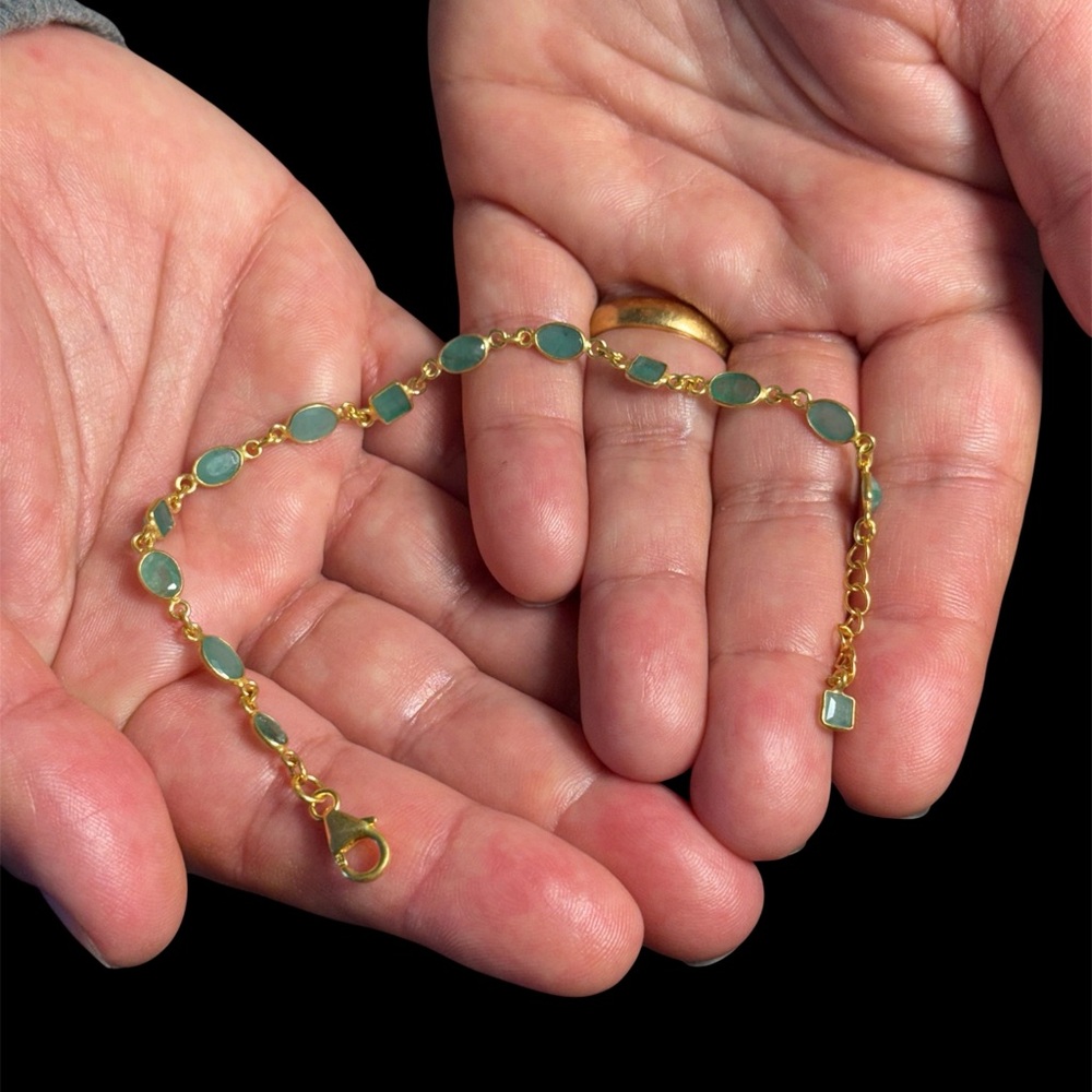 Natural Zambian Emerald Bracelet 925 Sterling Silver 18K Gold Plated 7-8" Cert